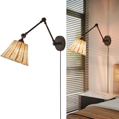 Image of SUNLLOK Modern Plug in Wall Sconces with Switch - Industrial Swing Arm Rattan Lampshade Wall Light Fixture - Indoor Metal Rustic Reading Wall Mounted Lamp Decoration for Living Room, Bedroom