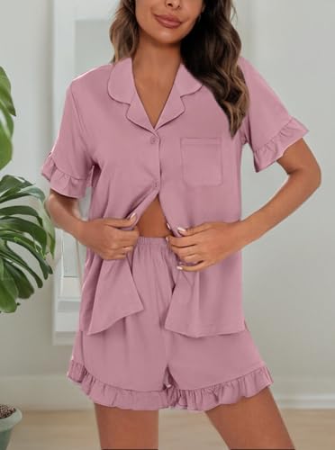 Image of SWOMOG Woman Pajama Set Short Sleeve Pjs Set 2Pcs Short Pajamas Button Down Ruffle Hem Sleepwear Soft Modal Loungewear