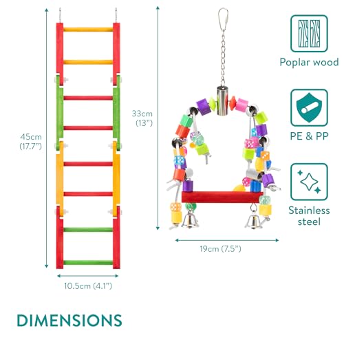 Image of Navaris Parrot Toy - Durable Swing and Ladder Set - Colourful Bird Cage Toys for Small to Medium Birds - Cockatiel, Parakeet, Budgie Accessories