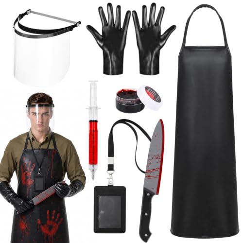 cosmisun 7Pcs Halloween Butcher Costume Men Scary Cosplay Party Accessories | Waterproof Apron, Face Shield, Black Gloves, Fake Knife, Fake Syringe Pen, ID Badge Holder, Horror Costumes Dress Up Outfit - image 1