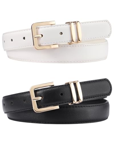 AWAYTR 2 Pack Girls Leather Belt for Kids Jeans with Gold Square Buckle