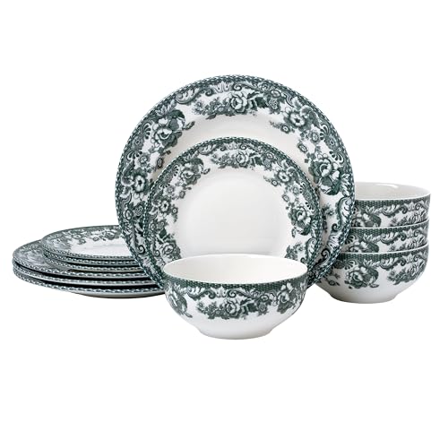 Image of Joseph Sedgh Collection Montana Chip-Resistant Porcelain Dinnerware Set, 12-Piece, Elegant Green Floral Border