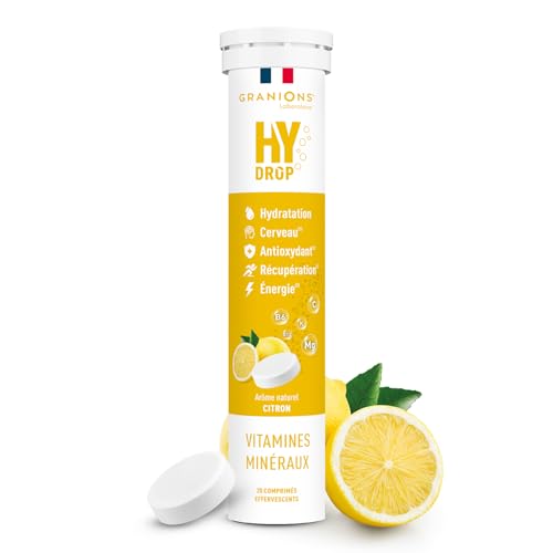 GRANIONS HYDROP - Pastilles Hydratation - Citron - SANS SUCRES - Fabriqué en France - Electrolytes Hydratation - Vitamines, Minéraux, Magnesium - Pastille Hydratation - 20 Pastilles Effervescentes