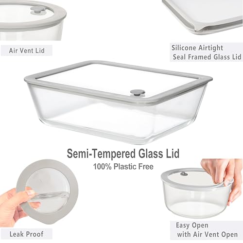 EcoEvo Glass Food Containers with Glass Lid, Microwave Safe Food Storage Container, Large 4 Pack Round Shape, Food Containers with Lids, Meal Prep containers with Leak Proof Lid.