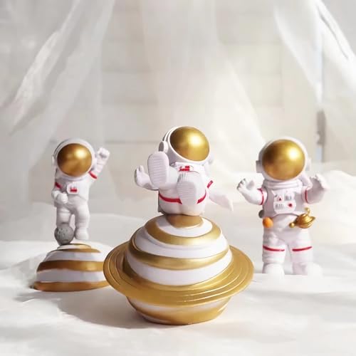 Image of Ni-JASW Gold Astronaut Statues Planet Set of 3, Spaceman Figurines Space Theme Party Cake Toppers Home Decor, NJ-XJ-Astronaut-Gold-3