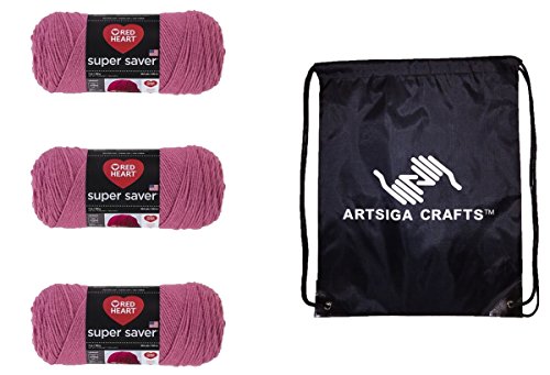 Red Heart Super Saver Yarn Light Raspberry E300-774, Worsted Weight No 4, 3 Skeins Same Dye Lot, 100% Acrylic Soft Acrylic, Machine Washable, Bundle with 1 Artsiga Craft Bag