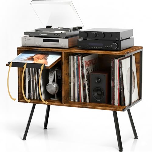 Image of Faesun Flip Top Record Player Stand, Large Turntable Stand Holds up to 150+ Albums, Vintage Mid Century Record Player Table, Stereo Cabinet with Open Storage, for Living Room, Bedroom, Rustic Brown