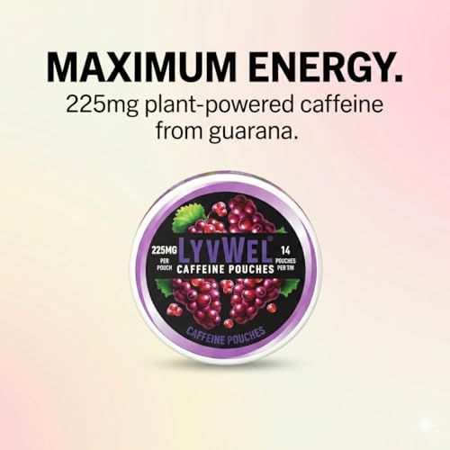 Image of LyvWel 225mg Caffeine Pouches, Guarana-Powered Energy Pouches, Nootropic Pouches, Nicotine Free Pouches & Tobacco-Free, 1-Pack, 14 Pouches Peach Sweet Tea