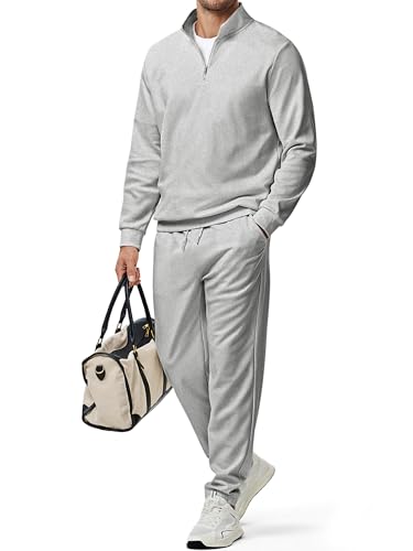 JMIERR Men Fashion Twill 2 Piece Set Quarter Zip Workout Sweatshirt Jogger Running Tracksuit Pajamas Set, L, Grey