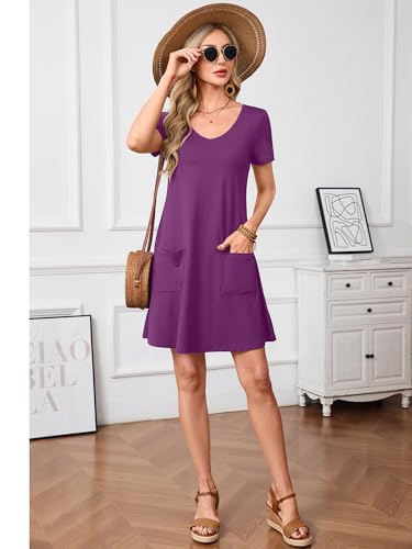 Image of Heymoments Summer Dresses for Women Short Sleeve V Neck Swing Sundress Casual A-Line Flowy Dress with Pockets S-2XL
