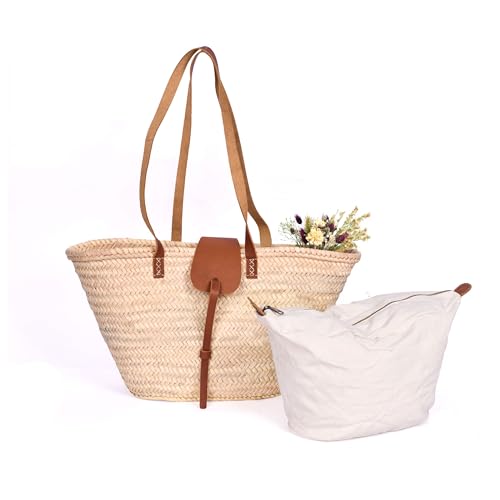 Handwoven French Straw Tote for Women: Durable Leather Handles, Spacious for Vacation, Market & Daily Use
