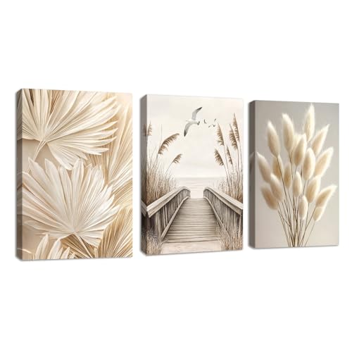 3 Pcs Beige Plantes Paysage Tableau Decoration Murale Avec Cadre Coucher de Soleil Mer Impression Sur Toile Esthétique Pampa Roseau Affiche Peintures Decoration Chambre...