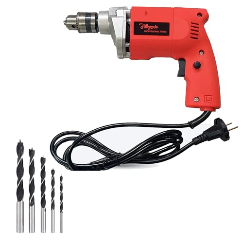 Image of Hillgrove HGCM1104M1 500W Power Drill Machine with 5Pcs Wood Drill Bits for Making Holes in Metal /Wood /Concrete Pistol Grip Drill (10 mm Chuck Size)