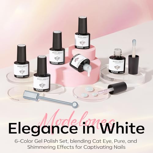 Image of modelones White Gel Nail Polish, 6 Colors Milky White Cat Eye Gel Polish Set with Magnet Nude Jelly Soak Off Nail Kit Manicure DIY Nail Art Salon Home Gift