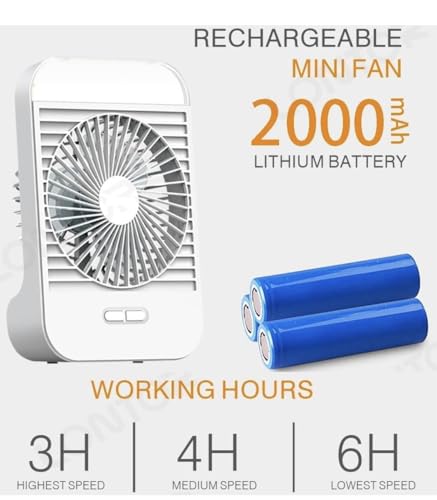 Image of American D-Home Rechargeable mini Portable Desk Fan with LED Light, 3 Speed Settings, USB Rechargeable, 1800mAh Battery, White colour