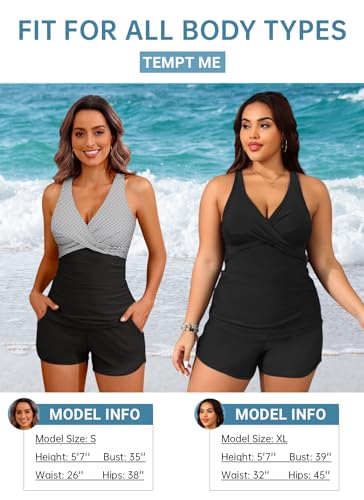 Women Black Stripe Tankini Swimsuits with Shorts - Two Piece Tummy Control Bathing Suits Top with Two Pockets Bottom Swimwear L