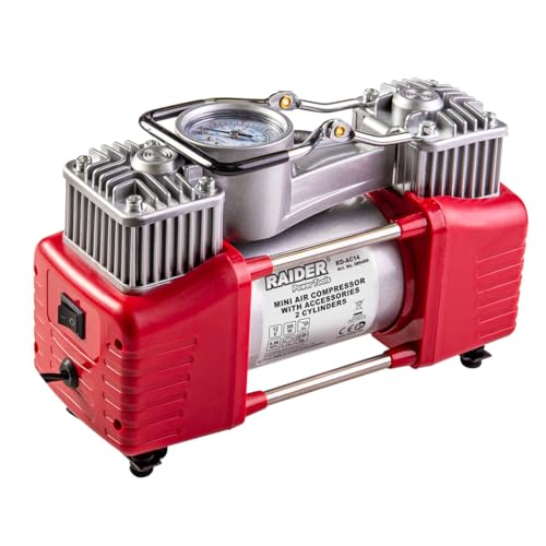 Compresor de Aire Portátil 12V 300W – 70L/min Doble Pistón con Manómetro, Conexión Mechero y Pinzas de Batería, Incluye Estuche con Accesorios – Para Coche, Moto y Furgoneta