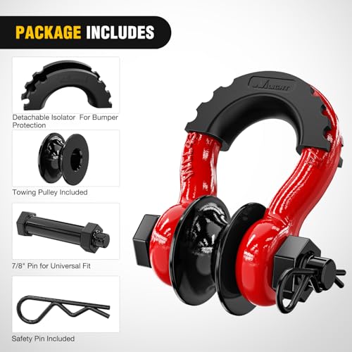 Image of Nilight 3 /4 inch D-Ring Shackle w /Snatch Block (2 Pack) 9,500 lb Working Load, 2-in-1 Heavy‑Duty Towing Pulley w /Isolator for Off‑Road Recovery, Winch Cable & Rope, Truck Jeep ATV UTV Tractor, Red