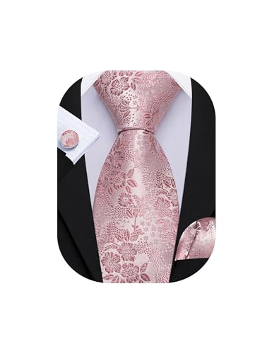 Barry.Wang Rose Gold Ties for Men Floral Silk Necktie Pocket Square Cufflinks Set Formal Business Wedding Party Prom