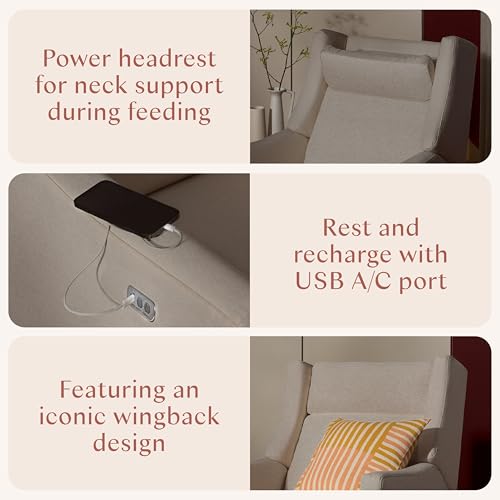Image of Babyletto Kiwi Plus Electric Recliner Glider in Performance Beach Eco-Weave | GREENGUARD Gold & CertiPUR-US Certified - Power Recliner Rocking Nursery Chair w / USB Ports - 270 Swivel