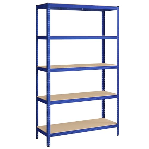 SONGMICS Estantería Pesada de 5 Niveles, Estantería de Acero, Montaje sin Tornillos, para Instrumentos, Garaje, Almacén, Trastero, Carga de 750 kg, 60 x 120 x 200 cm, Azul GLR060Q01