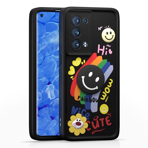 Image of Pikkme Back Cover for Oppo Reno 6 Pro Plus 5G | Soft Silicone| Cute Rainbow Smile & 3D Cartoon Flower Design | Shockproof Raised Camera Protection Bumper Case (Black)