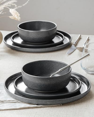 Image of Famiware Milkyway Stoneware Dinnerware Sets with Pasta Bowls, Service for 4 (16 Pieces), Reactive Glaze Plates and Bowls Sets, Microwave and Dishwasher Safe Dishes Set, Matte Dark Charcoal