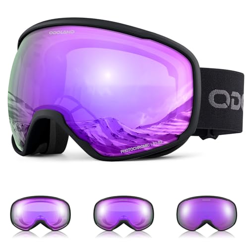 Odoland Photochromic Ski Goggles for Sunny and Cloudy Days, Anti-Fog OTG UV Protection Snowboard Goggles for Men Women Youth Violet S1-s3 (Vlt 59%-19%)