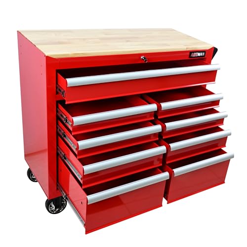 Heavy Duty Rolling Tool Chest with 9-Drawer Wood Top Tool Cart Mechanic Tool Box with Wheels Tool Storage Cabinet Mobile Workbench Tool Bench for Garage, Warehouse, Workshop, Repair Shop (Red)