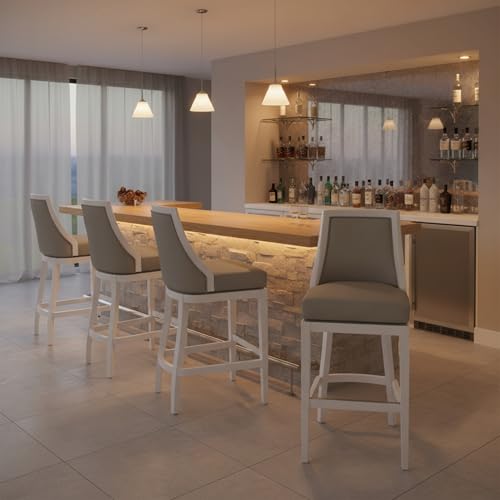 Image of Ellie Bar Height Stool Set of 4 with Backrest - Modern Kitchen & Home Bar Seating with Upholstered Seats, Rubberwood Frames, 360 Memory Return Swivel & Metal Kick Plate by Alaterre Furniture (White)