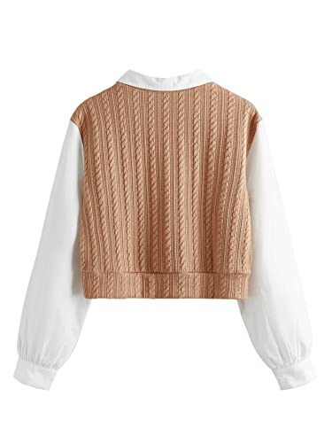 SweatyRocks Women's Collar Long Sleeve Shirt Ribbed Knit 2 in 1 Blouse Crop Top Sweater Shirt Top2
