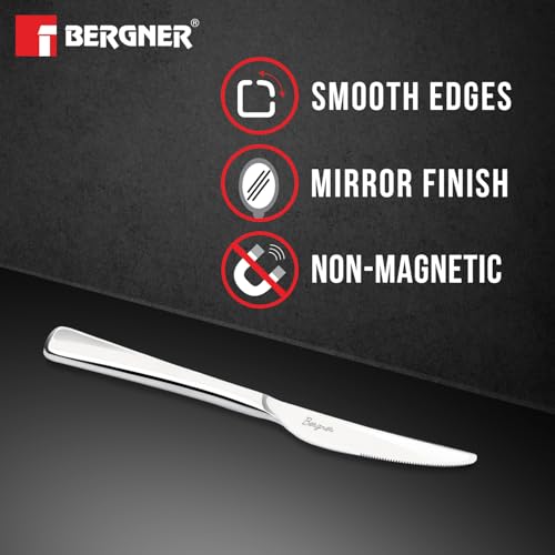 Image of BERGNER BE Essentials Lucia Stainless Steel Dinner Knife Set of 2, 20cm Long Butter Spreader, Modern Ergonomically Designed Premium Dinner Knife, Dinning Table 2 Pcs Knives, 4.5mm Thickness - Silver