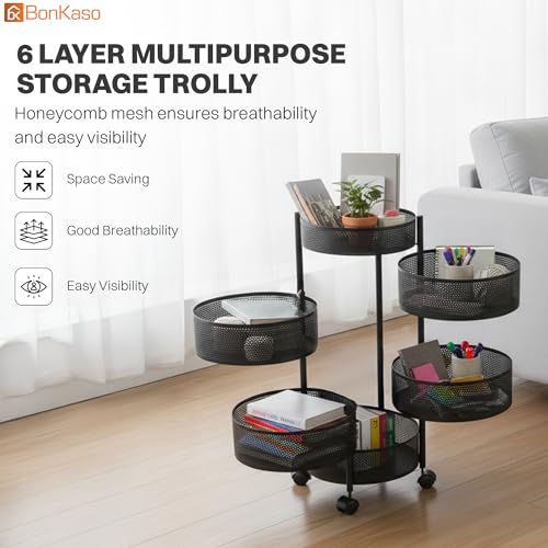 Image of BonKaso 6-Layer Round Multipurpose Kitchen Trolley with Swivel Storage Basket & 360 Rotating Wheels, Black Steel Frame, Easy Mobility, Space-Saving and Durable