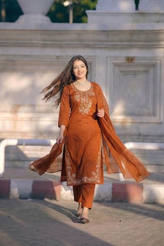 Image of ANNI Designer Women's Rayon Viscose Embroidered Straight Kurta with Pant & Dupatta | Ethnic Kurta Set for Festive, Casual & Office