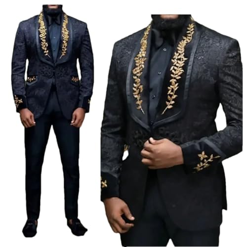 Men Black Floral Suits with Buttons Shawl Lapel Jacket with Pants 2 Piece Wedding Groom Tuxedo
