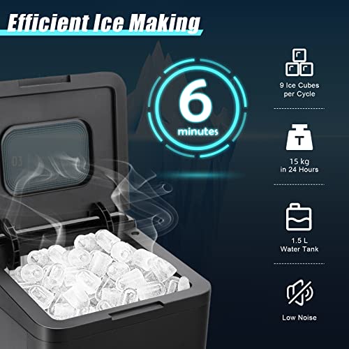 RELAX4LIFE Eiswürfelmaschine Tragbar, Eiswürfelbereiter 9 Eiswürfel in 6-13 min, 15 kg/24H, 1,5 L Wassertank, Ice Maker mit LED-Display Touchscreen, Eismaschine mit Selbstreinigung Schaufel (Schwarz) – Bild 3
