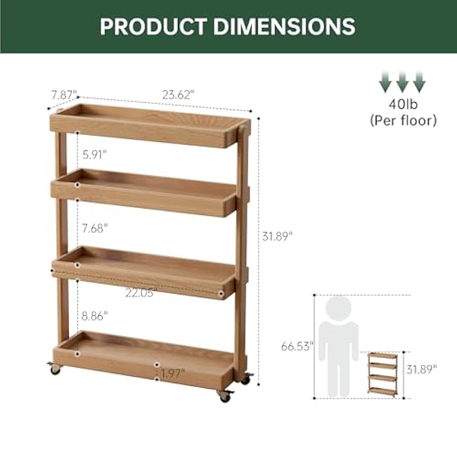100% Solid Oak Art Storage Cart, 4-Tier Rolling Utility Cart with Wheels, Multifunctional Storage Trolley Shelving Unit on Wheels for Living Room Kitchen(Natural, 7.87D x 23.62W x 31.89H)-JqBM7zZX