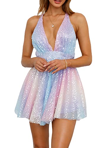 Acrawnni Glitzerndes Pailletten-Minikleid für Damen, ärmellos, zum Binden, rückenfrei, Glitzer-Pailletten, Neckholder, Mini-Kleid, A-Linie, bunt,...