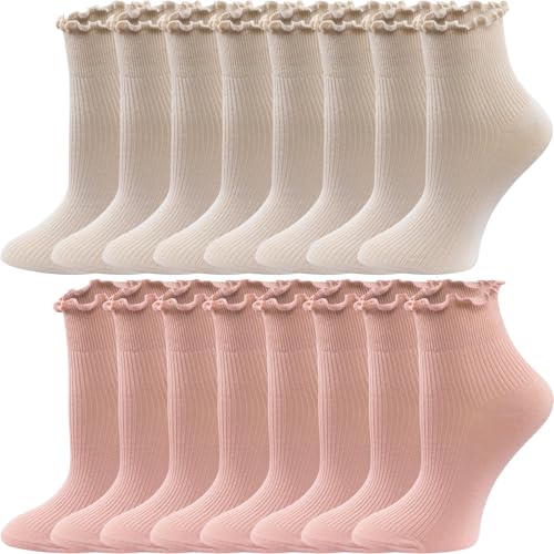8 Pairs Cute Ruffle Frilly Ankle Socks for Women, Lace Lettuce Edge Socks