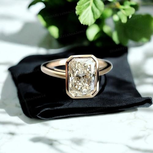 Emerald Cut Moissanite Bridal Wedding Enagement Ring 14K Yellow Gold Simulated Diamond Bezel Setting Solitaire Ring Mother's Day Gift Jewelry2