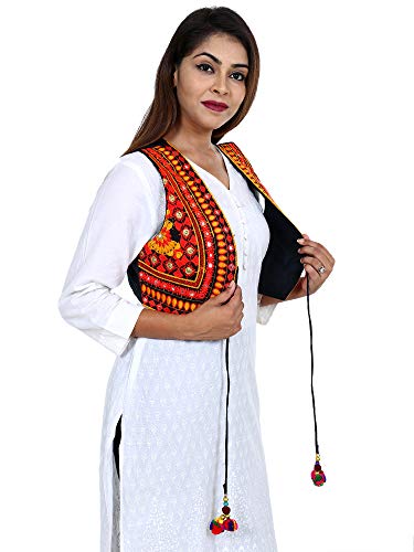 Image of Craft Trade Women's Cotton Embroidered Kutchi Jacket with Tassels Sleeveless Mirror Work