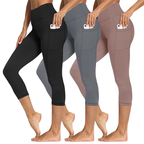 3 Packs Leggings with Pockets for Women, Soft High Waisted Tummy Control Workout Yoga Pants 18inch Small-Medium 3 Pack Black,gray,pink