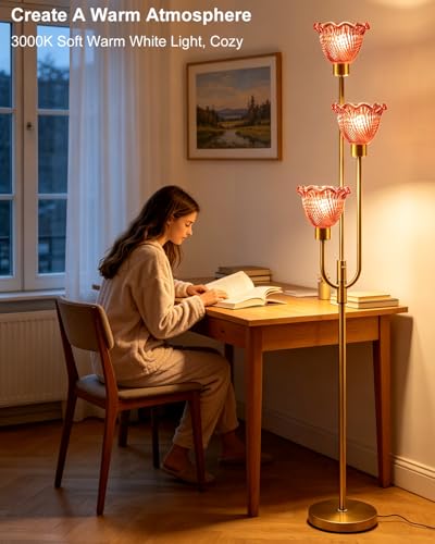 Image of Lightdot 3-Lights Glass Floor Lamp 66IN Modern Gold Dimmable Floor Lamps with 3000K Warm White Bulbs for Wedding Party Tall Standing Lamp with Deep Red Glass Shade for Living Room /Bedroom /Home Decor