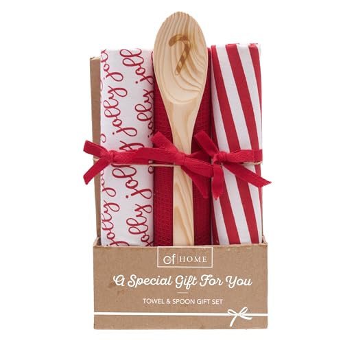 C&F Home Jolly Candy Cane Towel & Spoon Gift Bundle S/4 Red