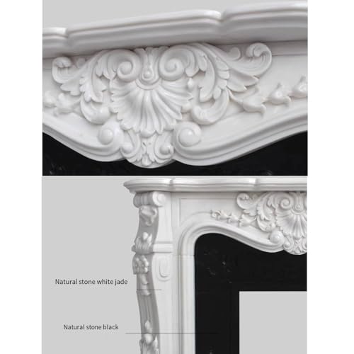 Image of Villa Marble Fireplace Mantel Surround Kit - 59 inch x 47 inch with Shelf and Trim, Natural Stone, Carved Living Room Design