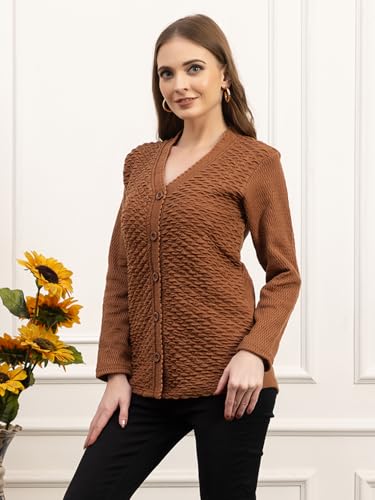 Image of Women's Winter Woolen Cardigan | Full Sleeve Textured Buttoned Sweater for Women | Soft Wool V-Neck Warm Knitted Outerwear for Office & Casual Wear