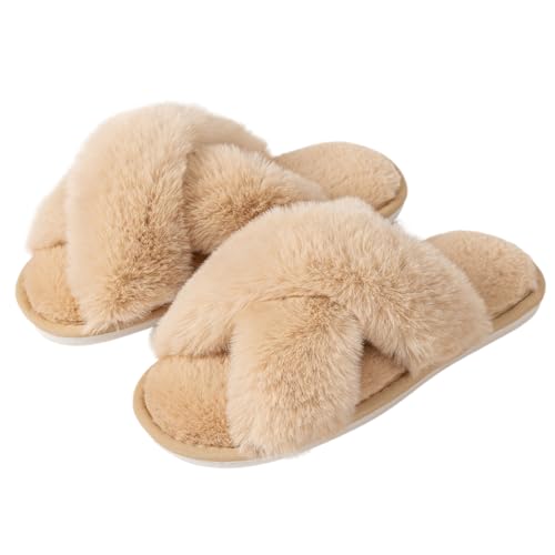 Image of Enteer Women's Slipper Memory Foam Cross Band Fuzzy Slippers Open Toe Cozy House Slippers Cozy Plush Bedroom Indoor Outdoor