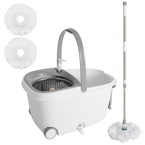 JFHID Spin Mop & Bucket Set with 2 Bonus Pads - Effortless Floor Cleaning System, 360° Rotating Mop Head & Dual-Chamber Bucket, Self-Cleaning with Wheels & Drain Valve, Adjustable Handle (White)