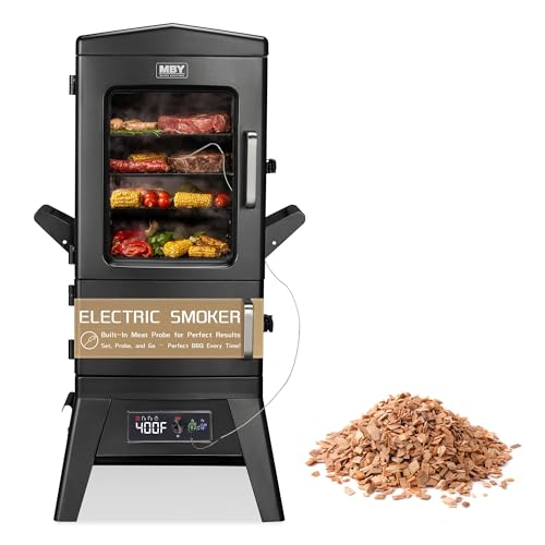 Large Vertical Electric Smoker Grill – 633 sq in | 4-Rack BBQ Smoker with Built-in Meat Probe, Wood Chip Loader &Weather-Resistant Cover – Perfect for Steak, Fish, Ribs (Black)