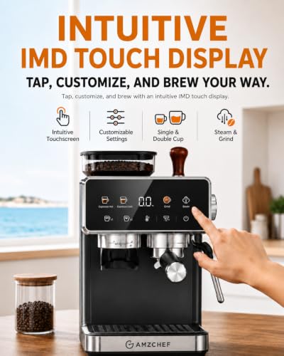 Image of AMZCHEF Espresso Machine with Grinder, Latte & Cappuccino for Home Use | 20 Grind Settings, Built-In Grinder, Hot & Cold Brew, 30s Heat-Up, 3 Temps, 3-10s Pre-Infusion, Milk Frothing, Compact Design